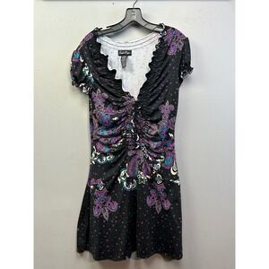 Susie Rose Dress Womens Small Black Purple Paisley Polka Dot Ruffle V-Neck Retro